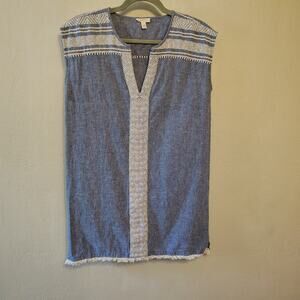 Soft Joie Chambray Embroidered Tunic Dress Boho Fringe Hem Shift Dress Medium
